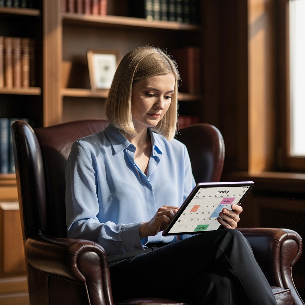 Usługodawca przeglądający harmonogram wydarzeń i warsztatów na tablecie
