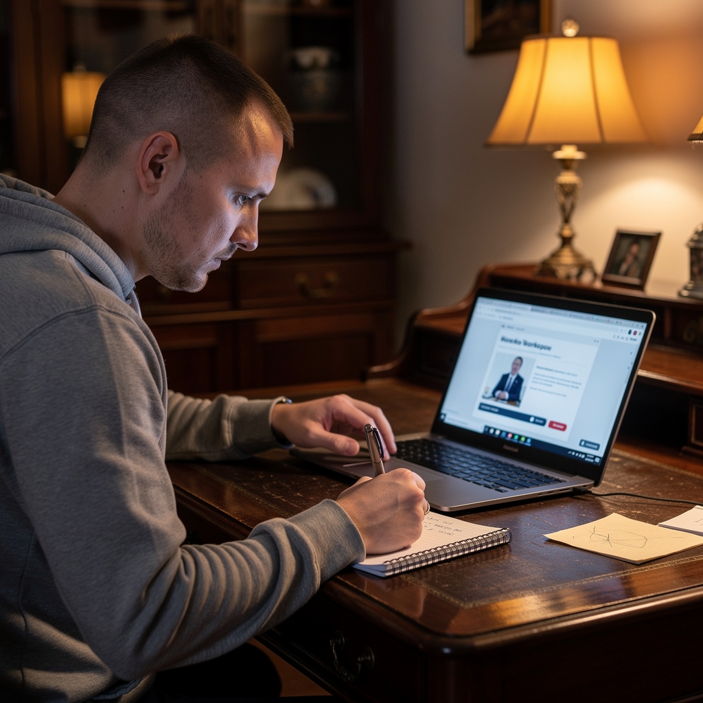 Usługodawca uczestniczący w warsztacie online na laptopie, notujący kluczowe informacje